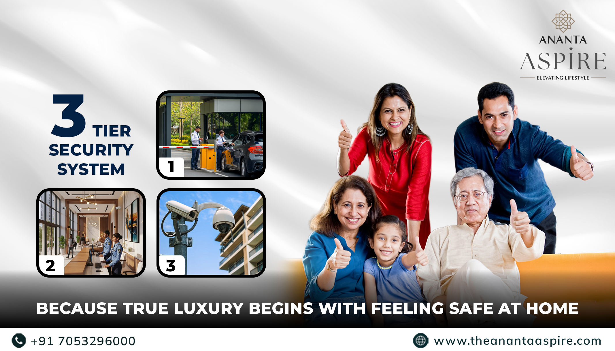 ANANTA ASPİRE ELEVATING LIFESTYLE 3 TIER SECURITY SYSTEM 1 2 3 BECAUSE TRUE LUXURY BEGINS WITH FEELING SAFE AT HOME +91 7053296000 www.theanantaaspire.com
