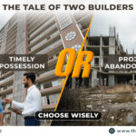 Comparison of two real estate outcomes - left side showing happy family receiving keys for timely possession at Ananta Aspire Zirakpur, right side showing abandoned incomplete building symbolizing project delays