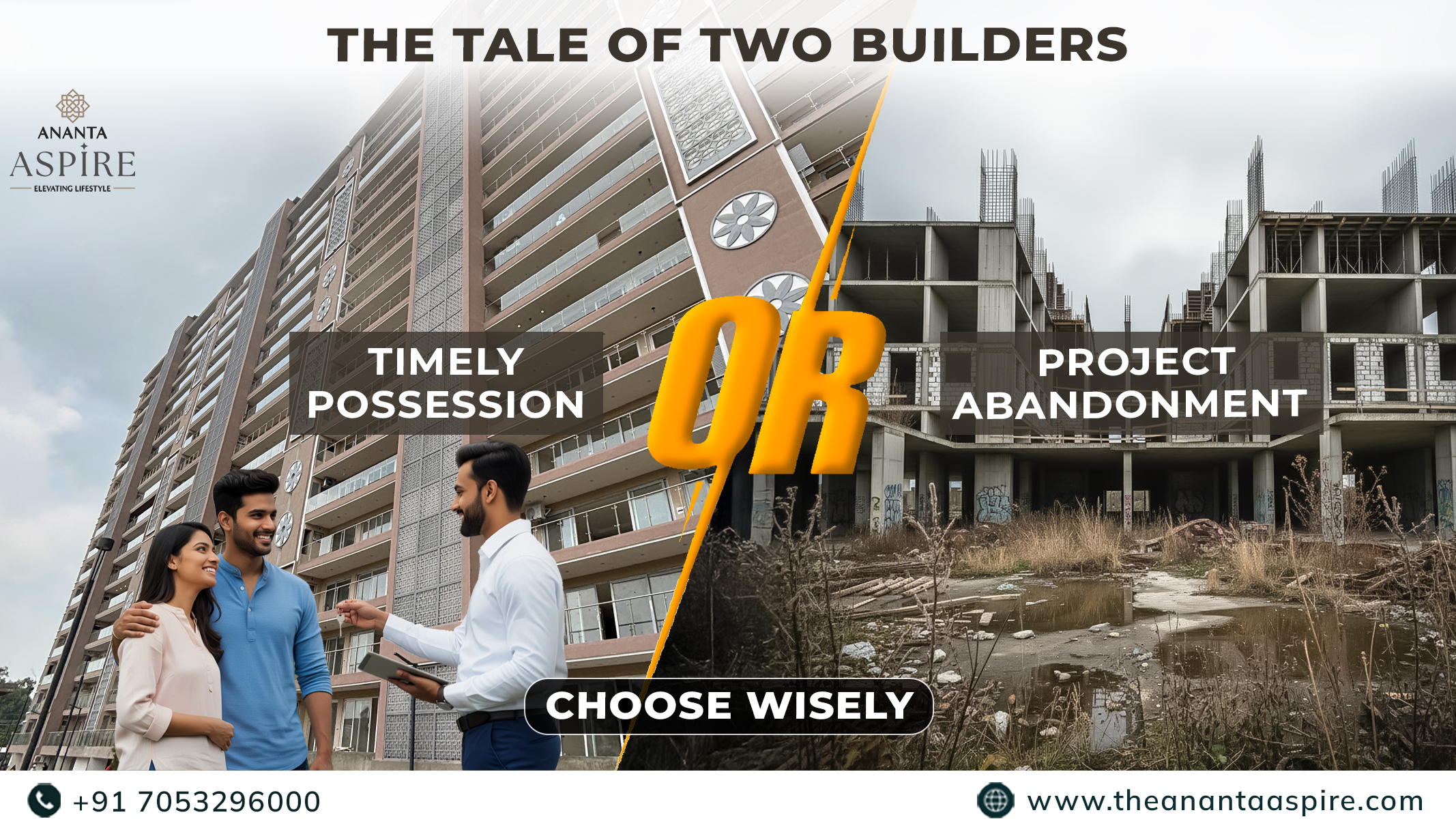 Comparison of two real estate outcomes - left side showing happy family receiving keys for timely possession at Ananta Aspire Zirakpur, right side showing abandoned incomplete building symbolizing project delays