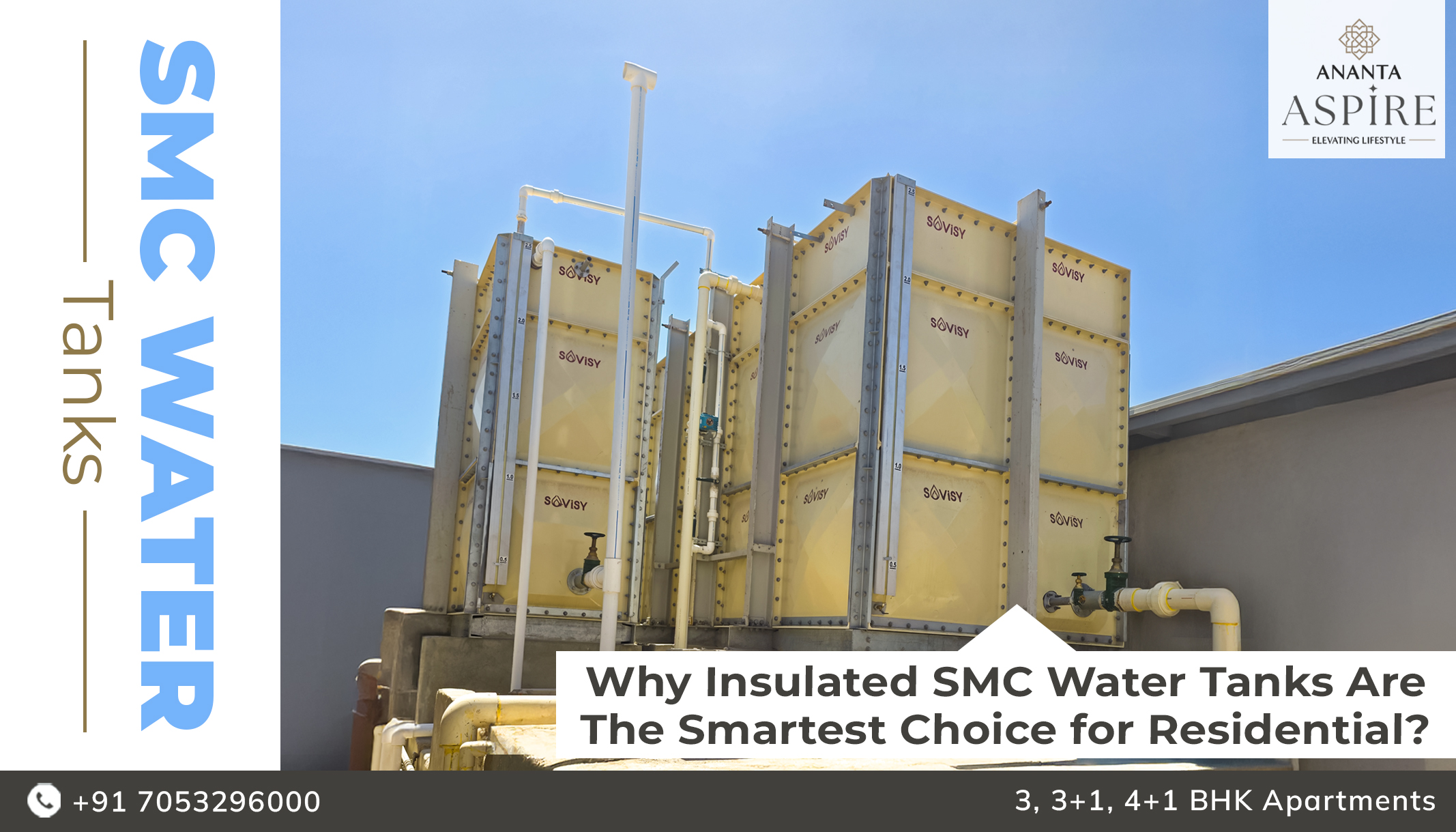 Insulated SMC water tanks installed on the rooftop of Ananta Aspire residential project in Mohali, highlighting durable and hygienic water storage solutions for 3, 3+1, and 4+1 BHK apartments.