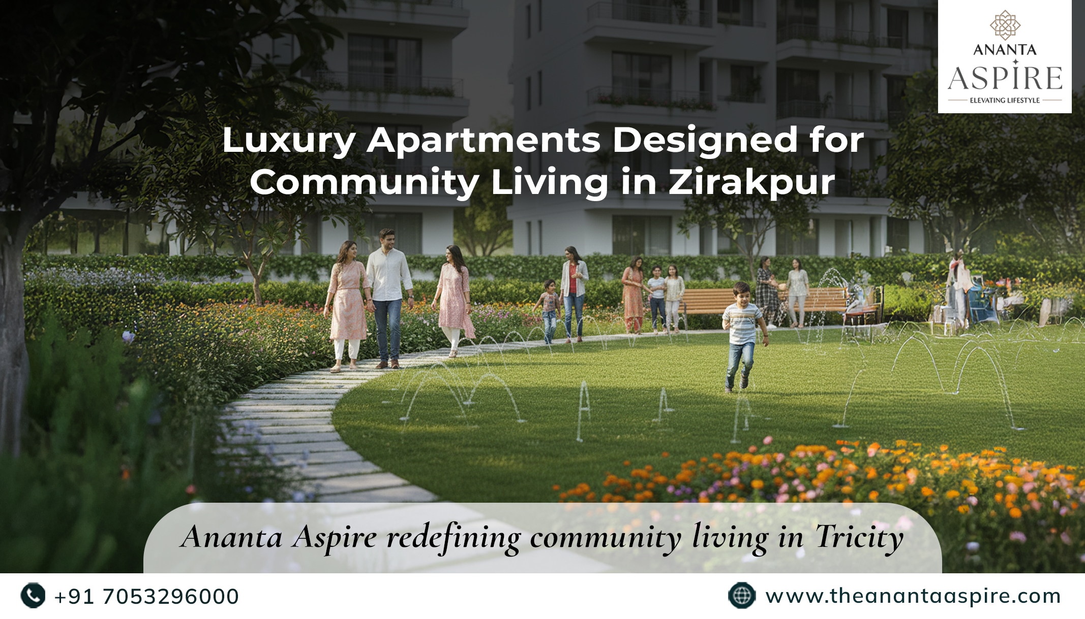 Happy families and friends enjoying a sunny day in the lush central park at Ananta Aspire residential community.